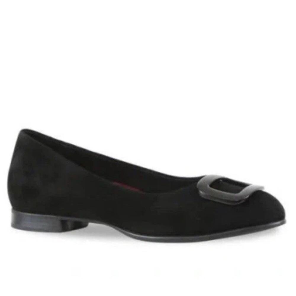 MUNRO Gianna Buckle Flats Black Suede Womens Sz 8.5 Arch Support NEW